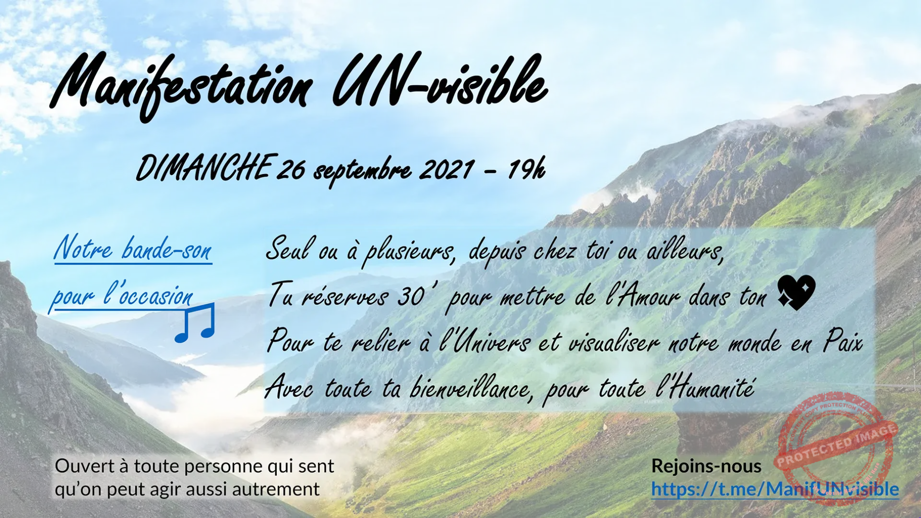 Flyer d'invitation à la manifestation UN-visible créée par Floriane Eyota Nakan pour unir nos cœurs et déployer ensemble la méta-morphe-ose pacifique de notre monde.